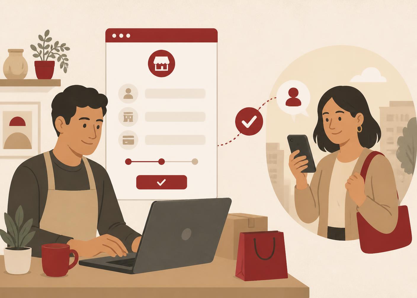 Illustration of an insurance business owner onboarding onto a custom app while a customer signs up on their phone