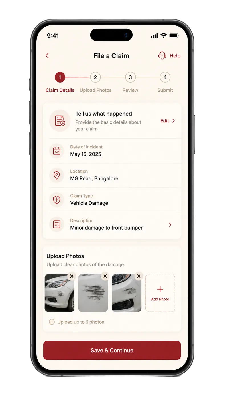 Insurance app claim filing screen built by Wve Labs